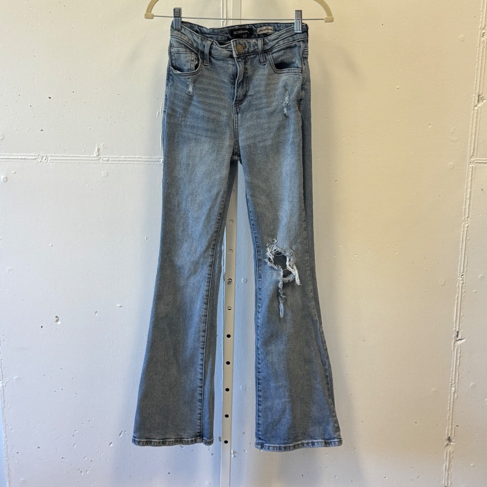 BCBGeneration High Rise Flare Jeans Always Forever Distressed Blue W26 Festival